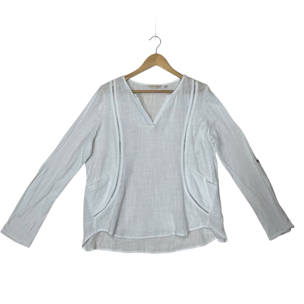 SOFT SURROUNDINGS sz Large Beach Blouse Relaxed Fit Sheer V Neck Open Weave